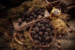 Top view of delicacy mushroom black truffle, still life