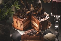 Still life of layered chocolate mousse cake decorated with chocolate variations