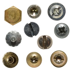 Isolated wood screws on white background, screw heads are very detailed.