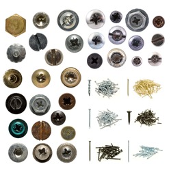 Isolated wood screws and nails collection on white background, screw heads are very detailed.