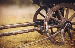 An old wooden cart with wooden wheels stands in a field among yellow wildflowers and is used for harvesting. Vintage objects of the past. History.
