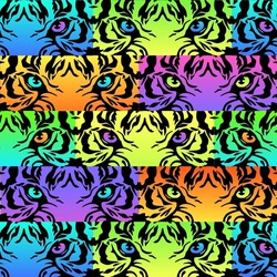 Tiger eyes seamless bright pattern. Modern collage 2022 for textile printing and more. Neon colorful tigers bond. Youth style tigers. Multicolor rainbow tiger eye. Neon pattern