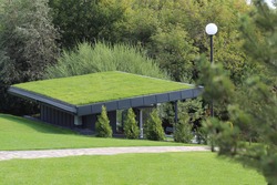 A small modern building in a park with a grassy lawn on the roof, an ecological village.
