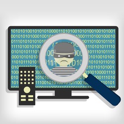 A magnifying glass detected a hacker (thief) on smart tv. Hacker detected on smart tv