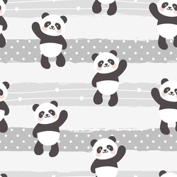 Kawaii panda bear character on a pastel monotone grey background with hand drawn brush strokes texture, kids cute animals seamless pattern background for wrapping paper, fabric and textile print