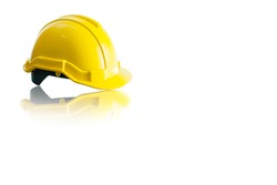 Front view Yellow Safety Engineer Helmet reflection ,Isolated with copy space for text background