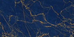 Luxurious and unique blue marble abstract background with gold thin veins across the surface. marble stone glazy and smooth surface with micro-crystalline quartz. Applicable in ceramic wall tile.