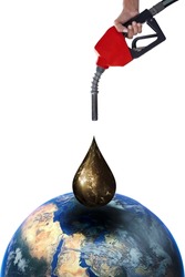 hand refueling oil pump nozzle on earth petroleum status of the world oil supply Concept on white isolate.Elements of this image furnished by NASA.
