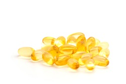 Omega 3 fish oil capsules isolated on a white background