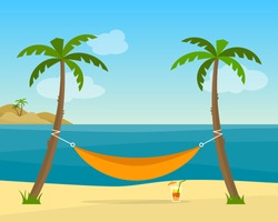 Hammock with palm trees on beach. Cocktail near the hammock. Tropical background with sea. Flat style vector illustration.