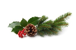 Christmas decoration of holly berry and pine cone