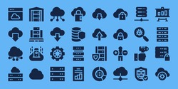 database icon set. 32 filled database icons. Included Cloud, Cloud computing, Server, Data, Database, Analytics, Cloud download, Big data, Virus search, Technology, Firewall icons