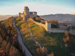 Aerial view at sunset on Rocca Major in Assisi in Umbria in Italy