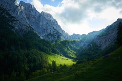Sunlight-flooded clearing in mountain panorama in Alps                               