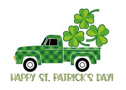 Buffalo plaid green truck and clover leaves on a white background. Happy St Patricks day template with shamrock