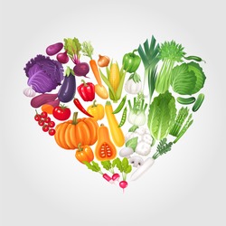 Heart of vegetables. Healthy food vector illustration background.