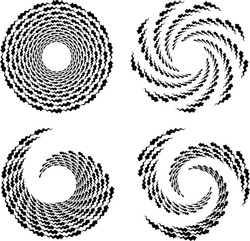  Set of abstract black zig za halftone dots.Black halftone dots in vortex form. Geometric art. Trendy design element.Circular and radial lines volute, helix.Segmented circle with rotation