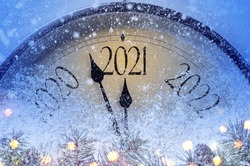 Countdown to midnight. Retro style clock counting last moments before Christmas or New Year 2021.