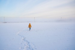 a girl walks through a field in winter, in the distant fog, north pole, Norway