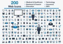 200 Universal Web Icons including Medical and Healthcare, Business, Finance, Insurance, Technology, Education, SEO Sign. Editable Vector EPS Symbol Illustration.