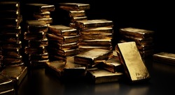 Stacks of pure gold bar on dark background. Represent business and finance concept idea. Close up 3d render shot.