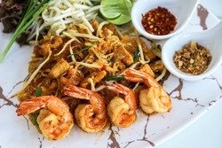 Pad Thai , stir-fried rice noodles with shrimp , Thai food style