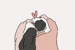 Back view of the young couple posing the love sign. Simple outlined hand-drawn style vector illustration of romantic couple in love