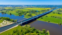Aerial view from the drone of Magdeburg Water Bridge, Germany.