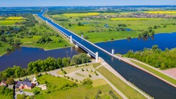 Aerial view from the drone of Magdeburg Water Bridge, Germany.