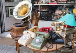 Antique shop. Gramophones and phones. Antique street. June 1, 2015 Turkey, Istanbul