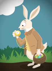 The Easter Bunny dressed as the White Rabbit from Alice in Wonderland, checking his pocket watch while holding a basket of decorated Easter eggs.