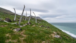 Ruins of a structure made of bones and ribs of whales in the abandoned old Eskimo village of Naukan on the coast of the Bering Strait. Environs of Cape Dezhnev. Chukotka Peninsula, Far East of Russia.