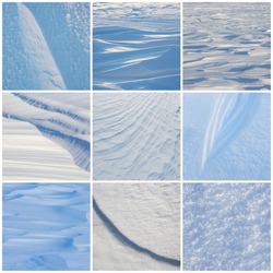 Set of snow textures. Collection of beautiful winter backgrounds with snowy ground. Natural textures of clean fresh flat snow and wind-sculpted patterns on the surface of the snow. 
