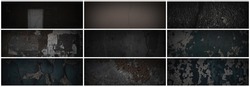 Set of dark panoramic background textures. Collection of wide textures with peeling paint, cracks, rust, scratches, noise and grain. Rough surfaces of old walls. Bundle of backgrounds for design.