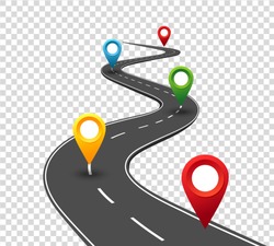 Road infographics. Winding road to success with pin pointers. Business journey way. Progress vector concept