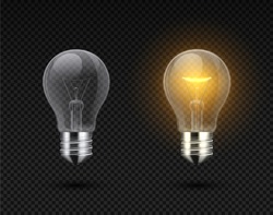 Realistic light bulb. Glowing yellow and white incandescent filament lamps, electricity on and of template. Vector 3D light bulbs set - creativity idea business innovation, on transparent background