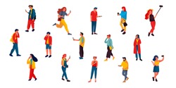 People talking on phone. Flat characters texting listening and talking with smartphones. Vector illustrations happy people talking by telephone on white background
