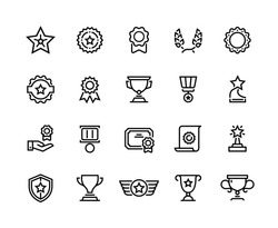 Award line icons. Winner reward, trophy medal and competition medal, premium quality symbol. Vector winner awards cup and prize set, quality concept best accomplishment