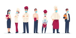 Restaurant stuff. Cartoon workers wear protective face masks. Isolated standing in row cafe managers and cookers, waitress or waiter. Career and occupation. Vector hospitable cute employees set