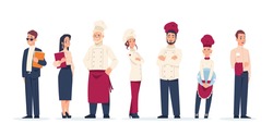 Restaurant workers. Standing in row people work in cafe. Cartoon waiter and chief, administrator and kitchen staff wear uniform. Career concept, service sector employment. Vector set of employees