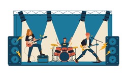 Rock concert. Metal band playing live music on stage illuminated by spotlights. Youth musical festival. Cartoon popular people singing with microphone and sound equipment. Vector group of musicians