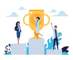 Business success. Cartoon people standing on winner stepped pedestal. Leadership concept. Characters achieve victory in competition. Happy workers with golden cup. Vector rewarding office employees