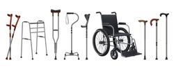 Realistic wheelchairs and canes. 3D medical supplies for musculoskeletal injury patients. Walking sticks set. Rehabilitation staffs and crutches. Vector props for handicapped persons