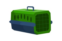 Cartoon animal carrier. Pet transportation box. Isolated green container with grid. Domestic cat or dog accessory. Grooming equipment. Veterinary store goods. Vector feline carrying bag