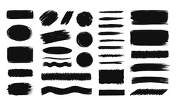 Brush stroke banner. Black splash shape ink texture. Isolated paintbrush stains. Abstract spots and lines. Rough smears. Brushstroke underlines and strips. Vector grunge background set