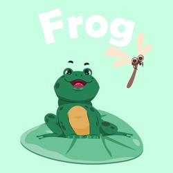 Frog pose. Cartoon green toad sitting on water lily leaf. Jumping animal. Pond fauna. Amphibian and dragonfly. Funny happy froglet. Croaking creature. Bullfrog position. Vector illustration