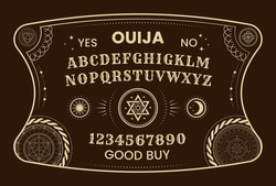 Ouija pentagram board. Halloween divination. Connection with death. Hand and heart. Numbers and alphabet. Sun and star. Retro poster design. Occult game banner. Vector illustration