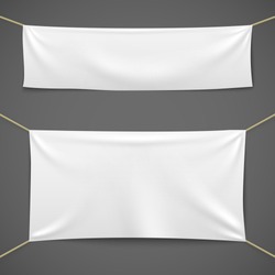 White textile banners. Blank fabric flag hanging canvas sale ribbon horizontal template advertising cloth vector banner set