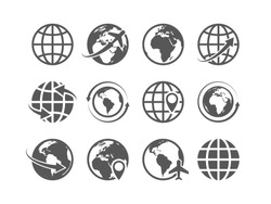 Globe icons set. World earth globe map internet global commerce tourism vector symbols set