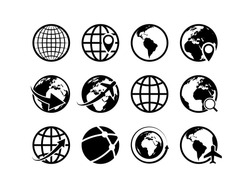 Earth globe icons. World map geography internet global commerce international tourism vector globe symbol set